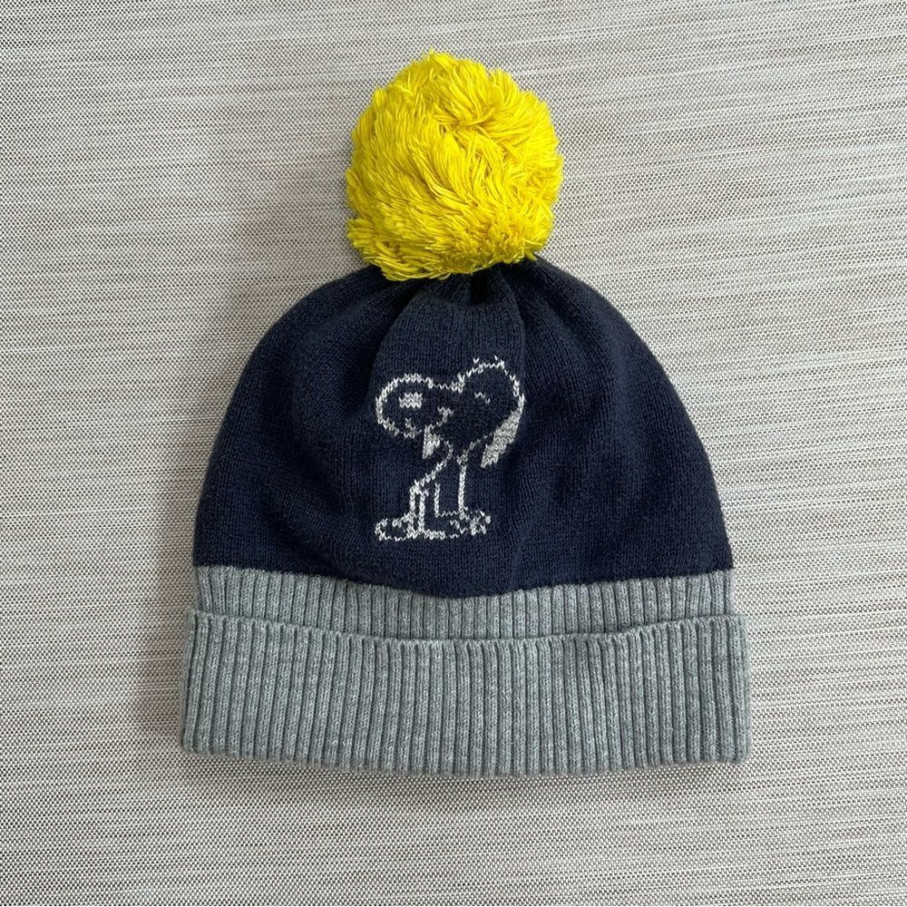 GAP x PEANUTS Navy and Gray Beanie with Yellow Pom Pom